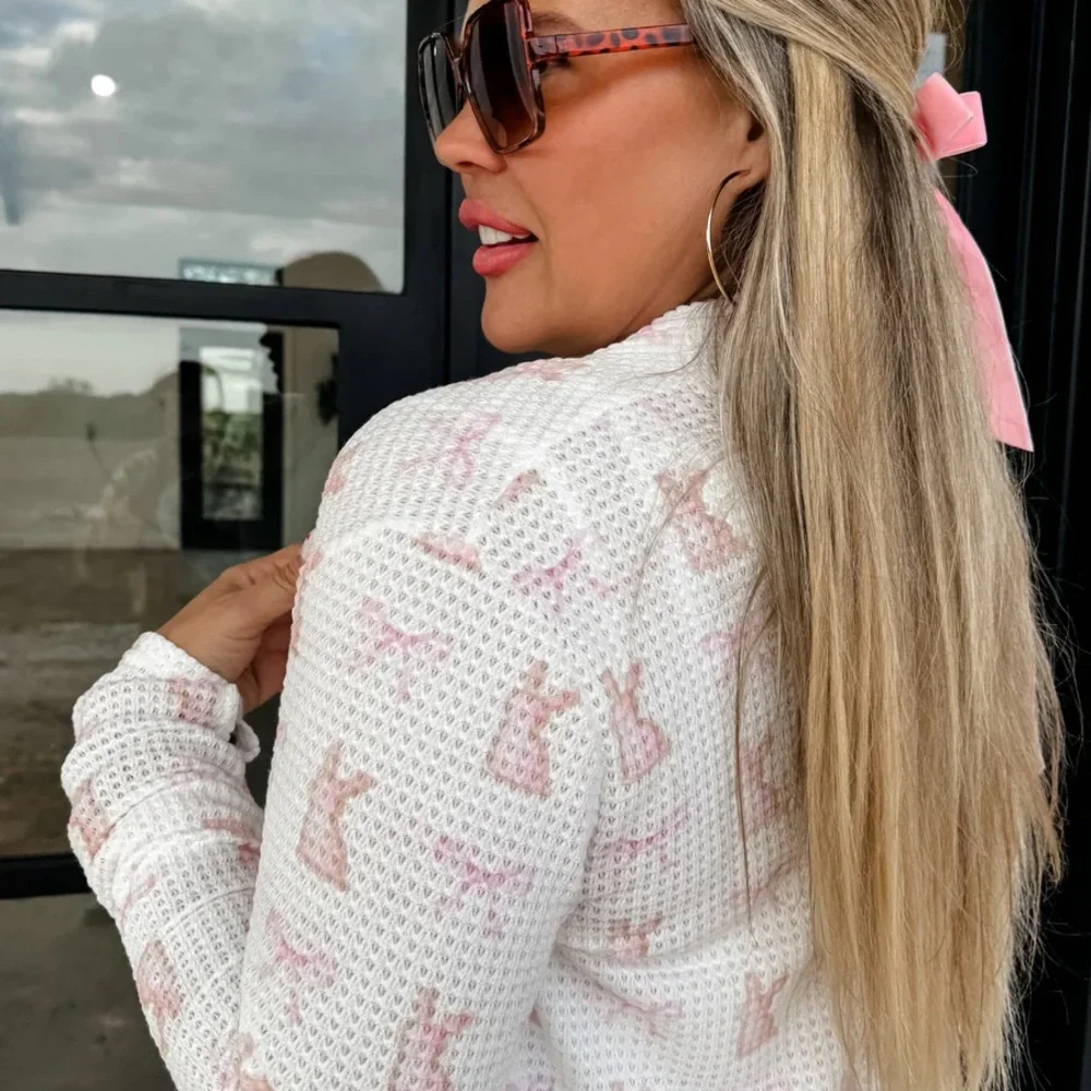 The Lola Cardigan White and Pink Bunny Bow Print - Picture 4 of 4
